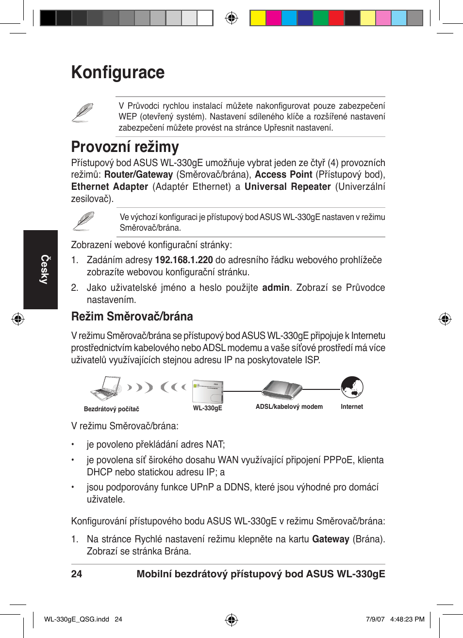 Konfigurace, Provozní režimy, Režim směrovač/brána | Asus WL-330gE User Manual | Page 25 / 229