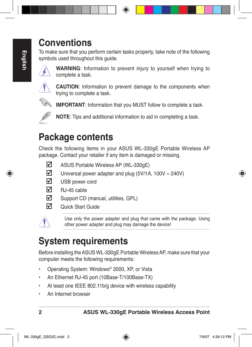 Package contents, System requirements, Conventions | Asus WL-330gE User Manual | Page 3 / 229