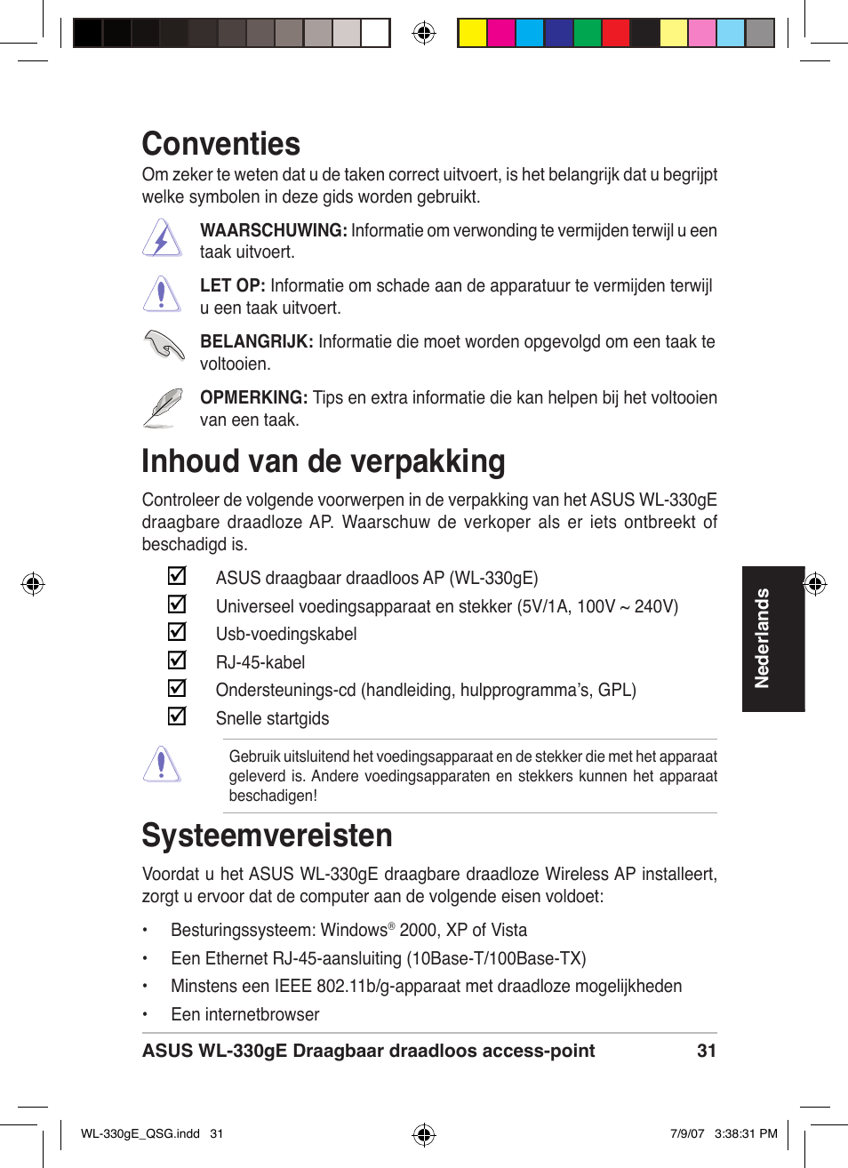 Inhoud van de verpakking, Systeemvereisten, Conventies | Asus WL-330gE User Manual | Page 32 / 229