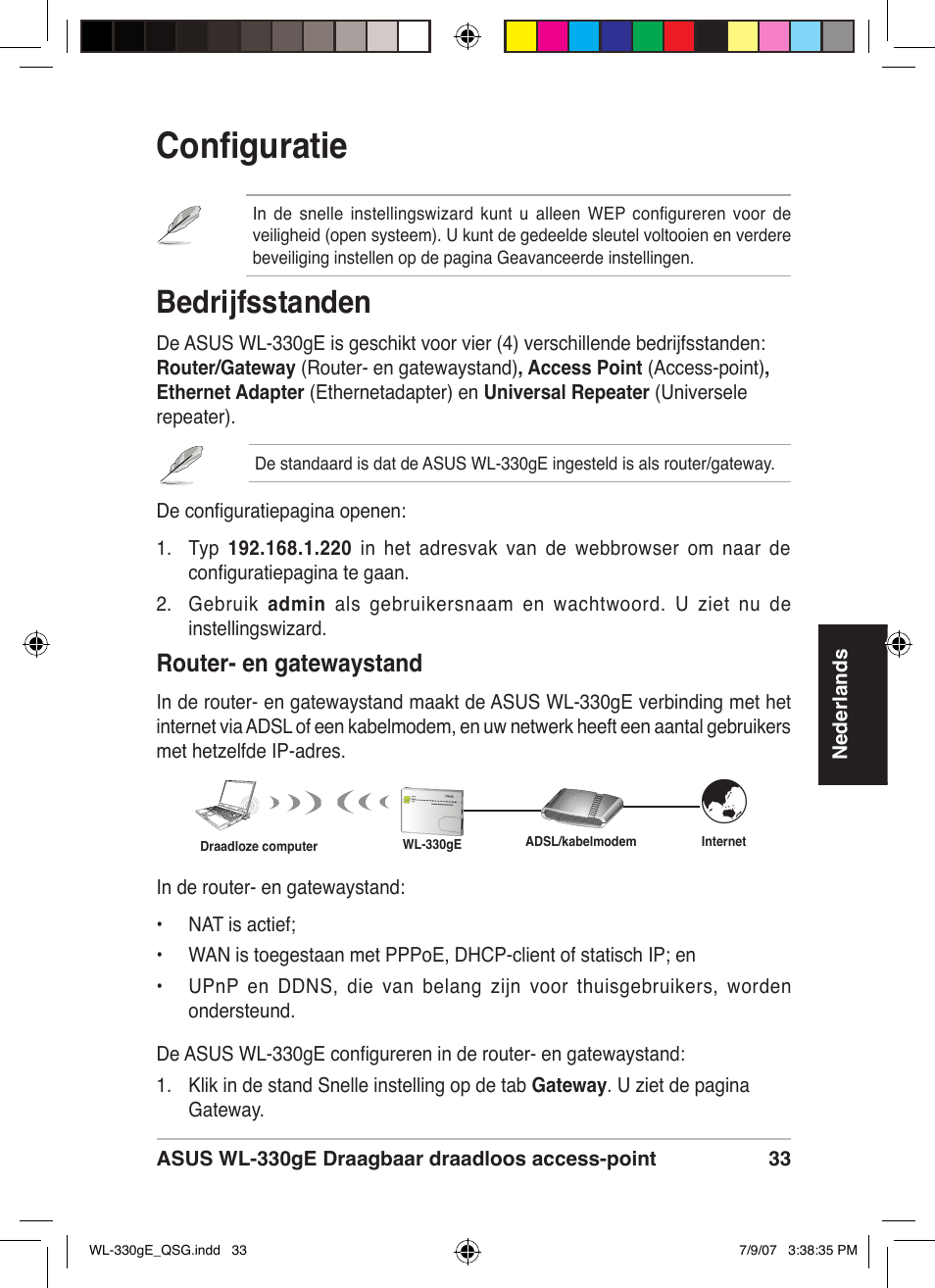 Configuratie, Bedrijfsstanden, Router- en gatewaystand | Asus WL-330gE User Manual | Page 34 / 229