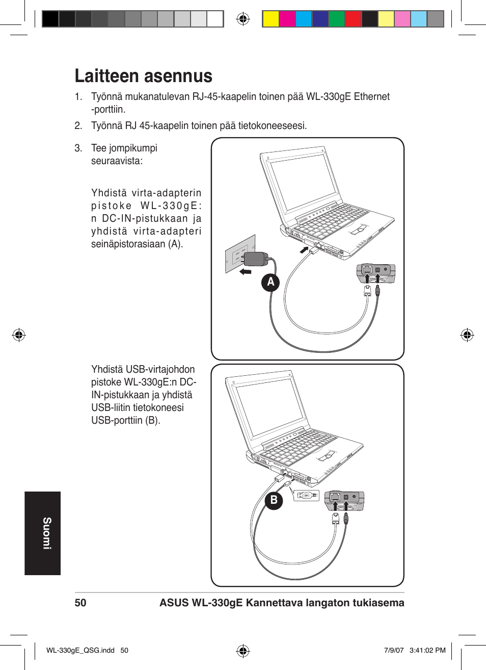 Laitteen asennus | Asus WL-330gE User Manual | Page 51 / 229