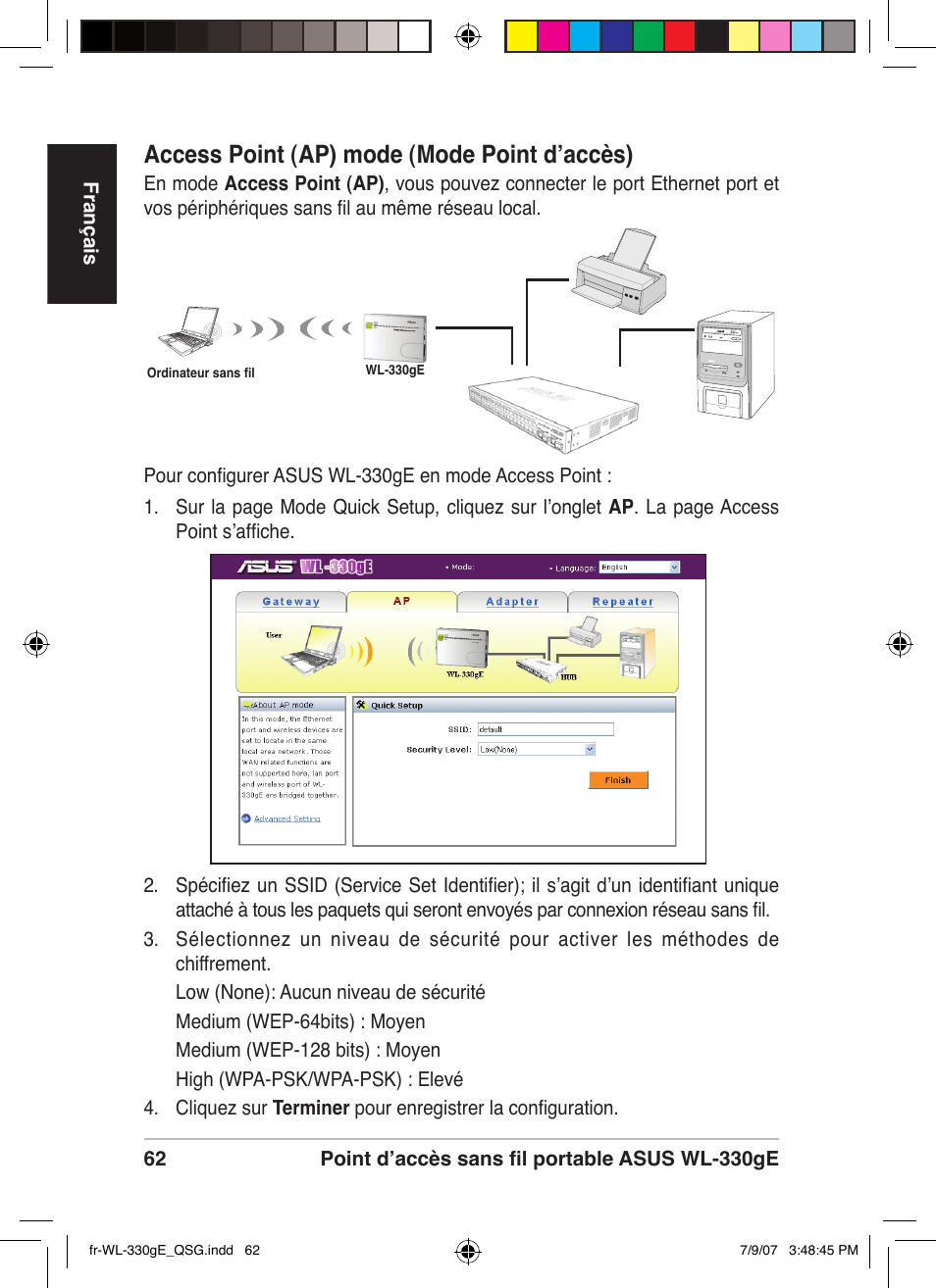 Access point (ap) mode (mode point d’accès) | Asus WL-330gE User Manual | Page 63 / 229