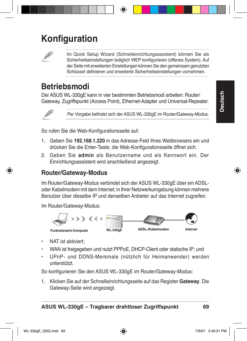 Konfiguration, Betriebsmodi, Router/gateway-modus | Asus WL-330gE User Manual | Page 70 / 229