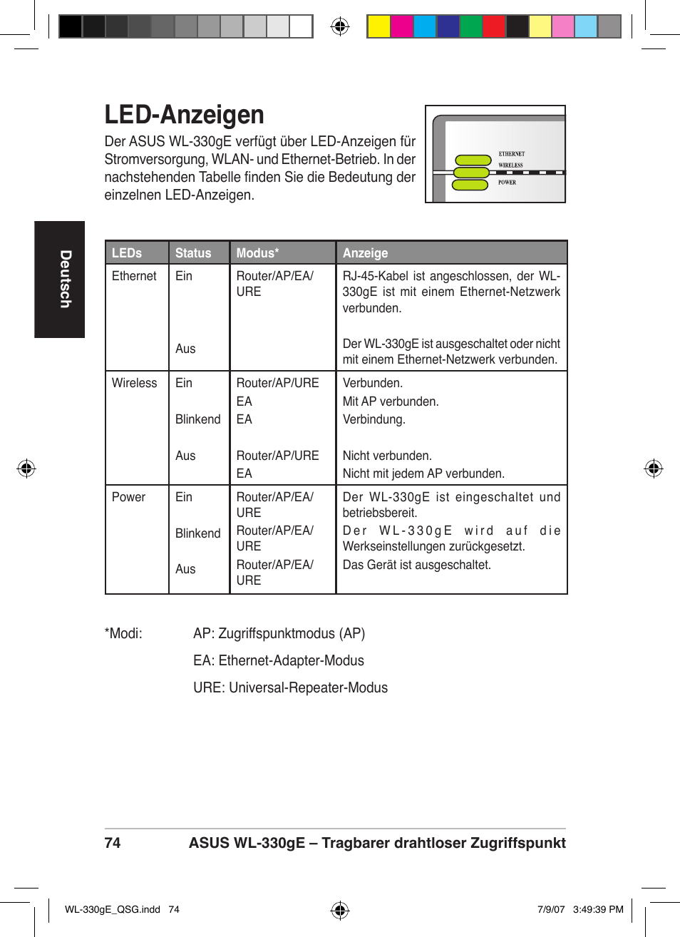 Led-anzeigen | Asus WL-330gE User Manual | Page 75 / 229