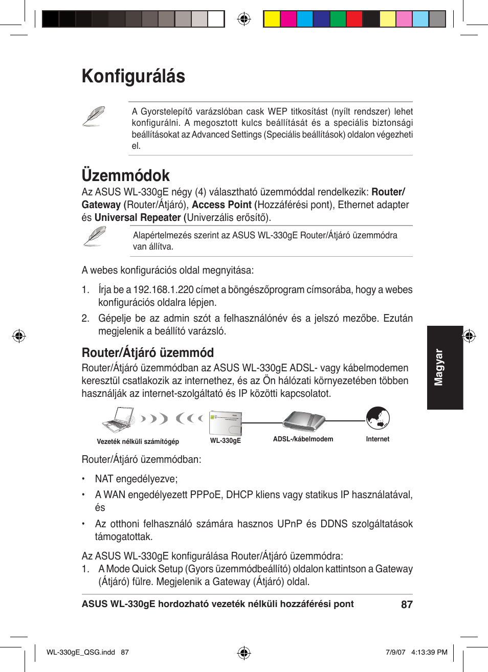 Konfigurálás, Üzemmódok, Router/átjáró üzemmód | Asus WL-330gE User Manual | Page 88 / 229