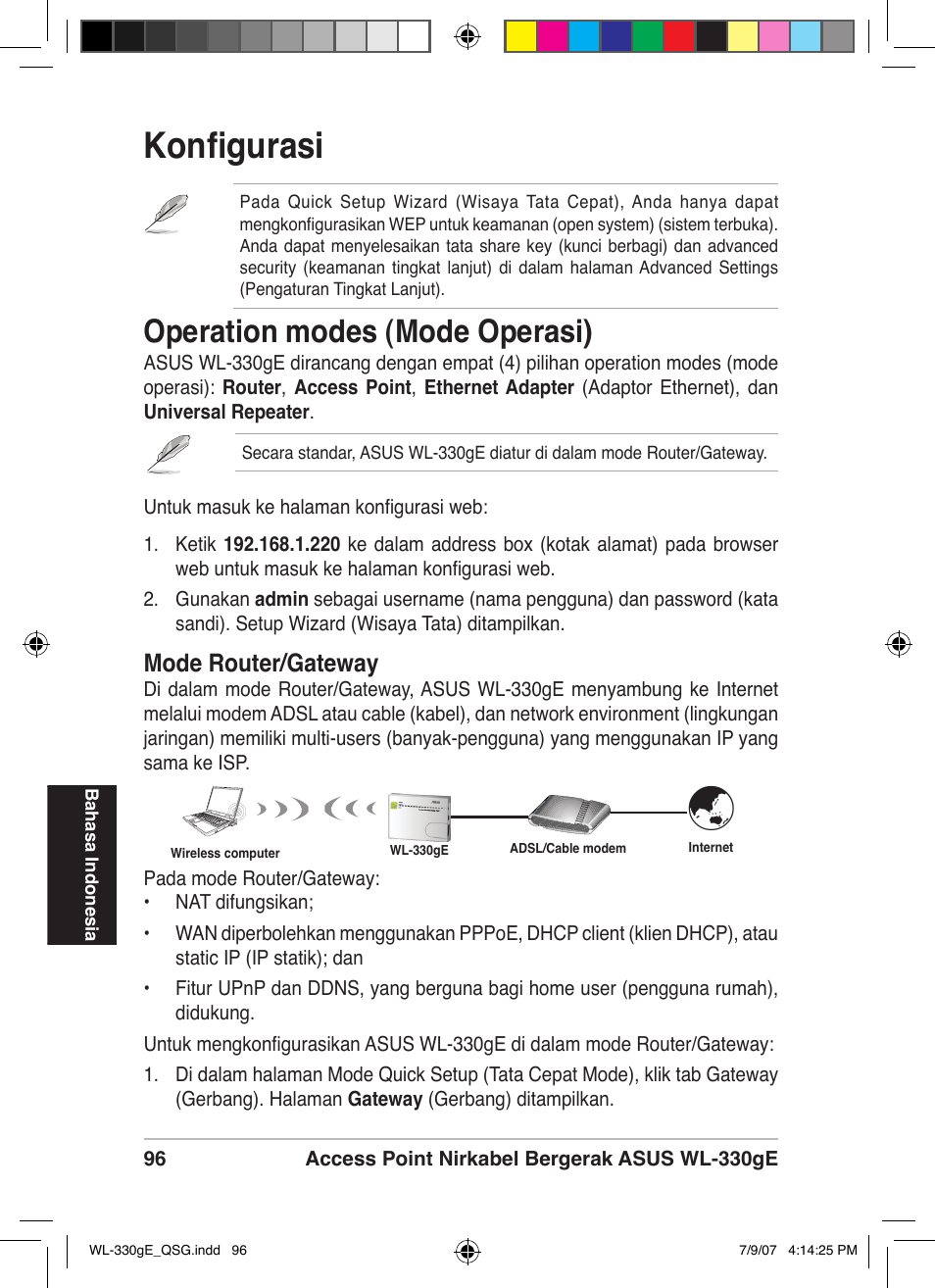 Konfigurasi, Operation modes (mode operasi), Mode router/gateway | Asus WL-330gE User Manual | Page 97 / 229