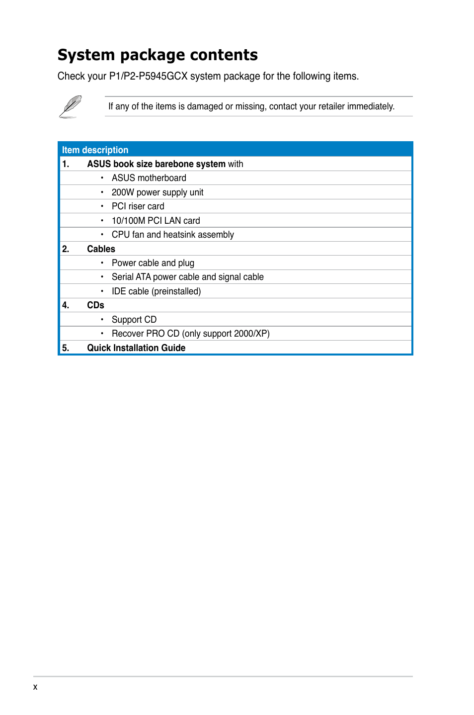 System package contents | Asus P2-P5945GCX User Manual | Page 10 / 90