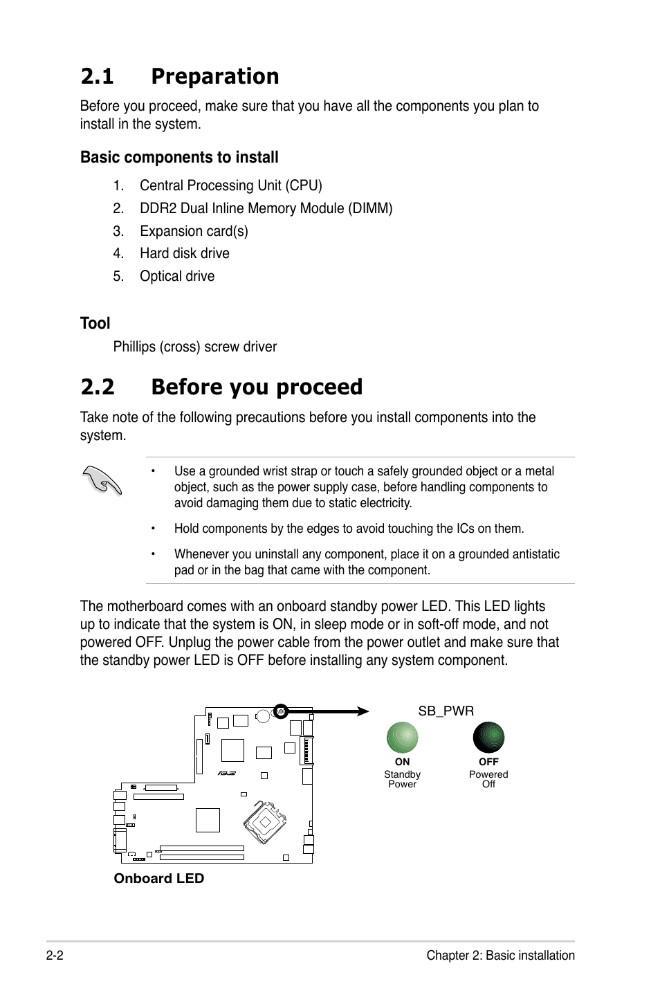 1 preparation, 2 before you proceed, Basic components to install | Tool | Asus P2-P5945GCX User Manual | Page 18 / 90