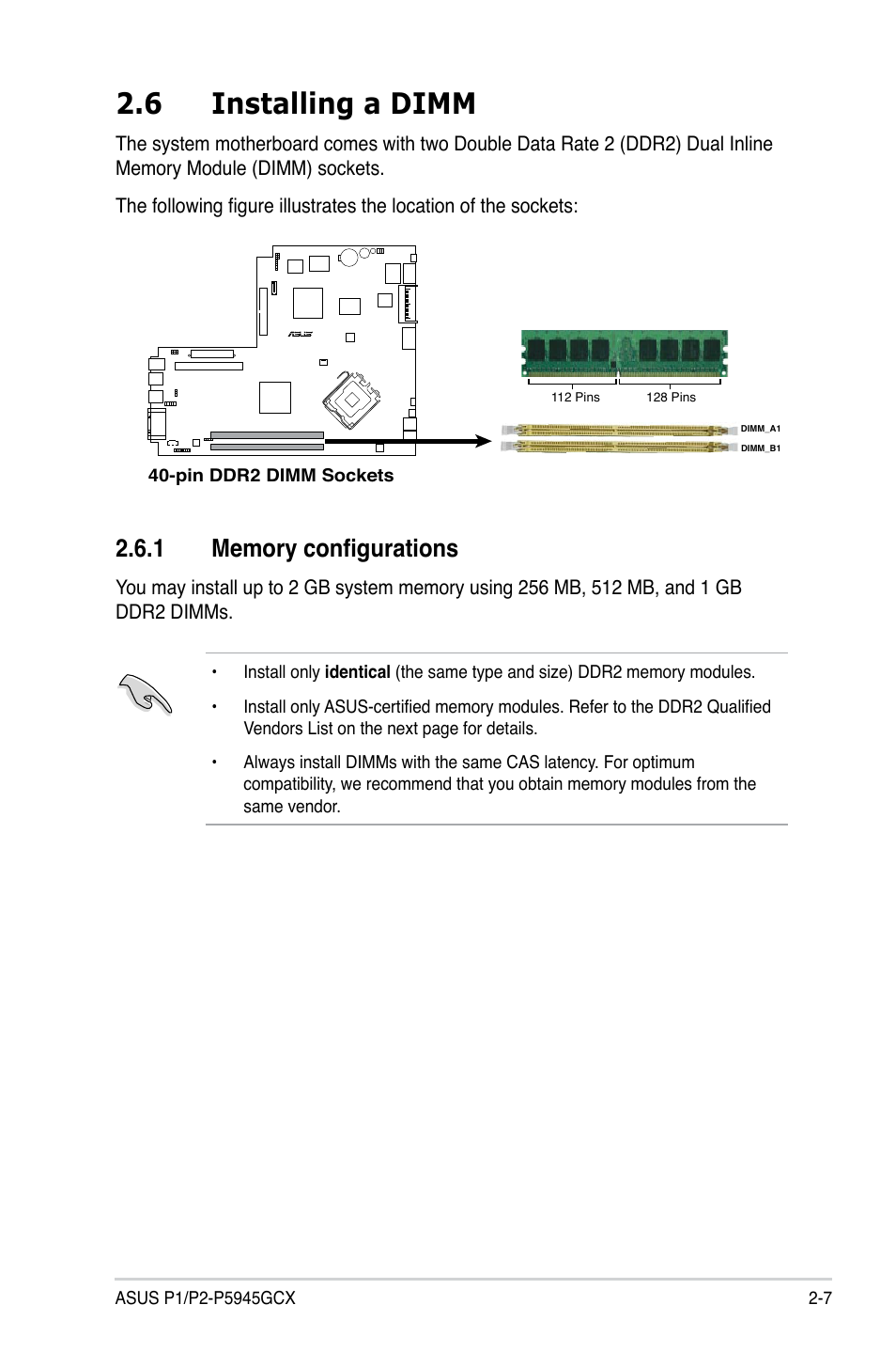 6 installing a dimm | Asus P2-P5945GCX User Manual | Page 23 / 90