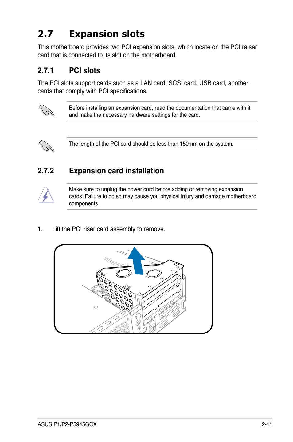 7 expansion slots, 1 pci slots, 2 expansion card installation | Asus P2-P5945GCX User Manual | Page 27 / 90