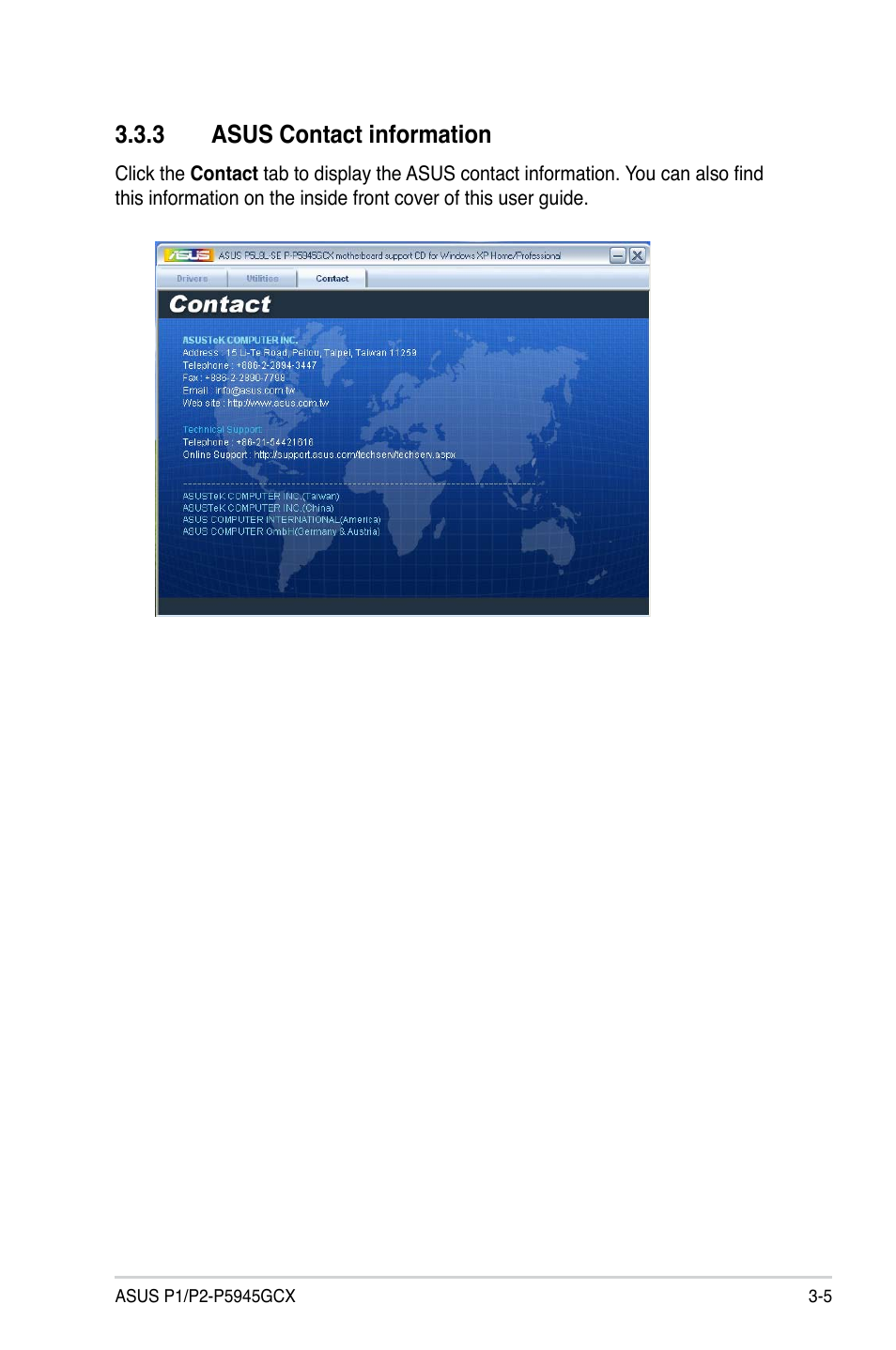 3 asus contact information | Asus P2-P5945GCX User Manual | Page 37 / 90