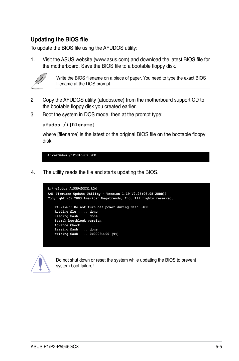 Updating the bios file | Asus P2-P5945GCX User Manual | Page 59 / 90