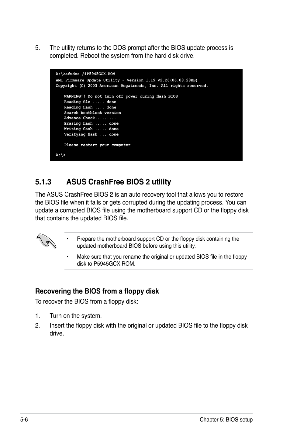 3 asus crashfree bios 2 utility, Recovering the bios from a floppy disk | Asus P2-P5945GCX User Manual | Page 60 / 90