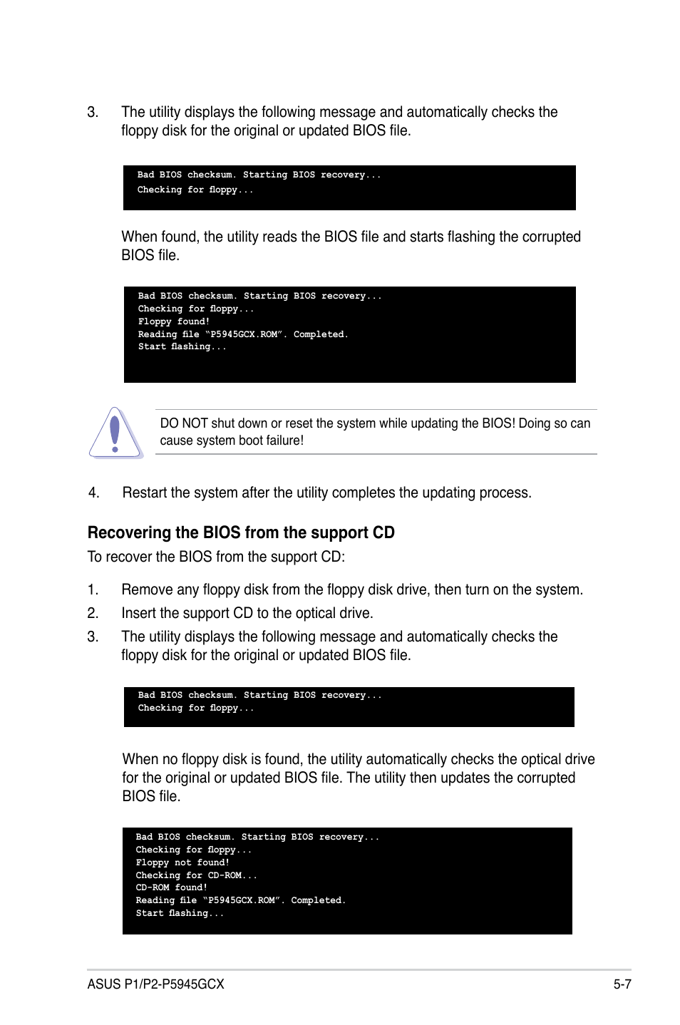 Recovering the bios from the support cd | Asus P2-P5945GCX User Manual | Page 61 / 90