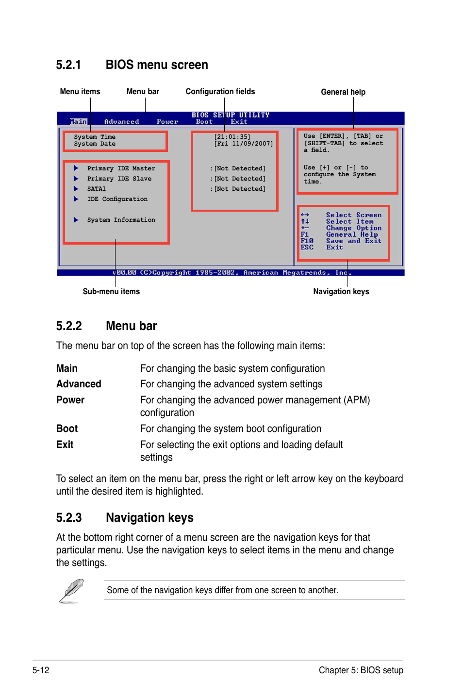 2 menu bar, 1 bios menu screen, 3 navigation keys | Asus P2-P5945GCX User Manual | Page 66 / 90