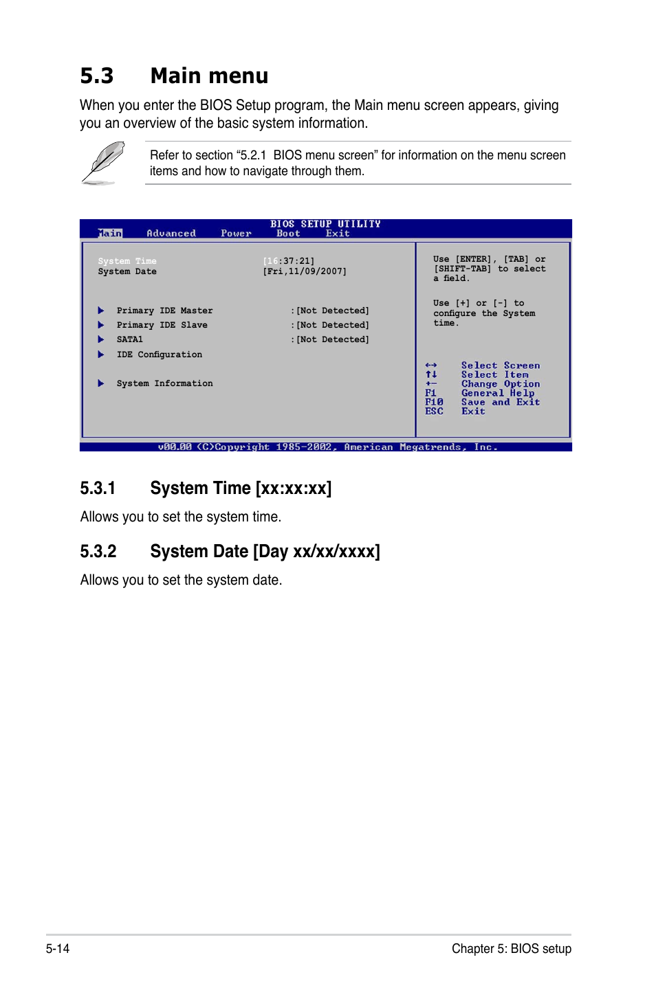 3 main menu, 1 system time [xx:xx:xx | Asus P2-P5945GCX User Manual | Page 68 / 90