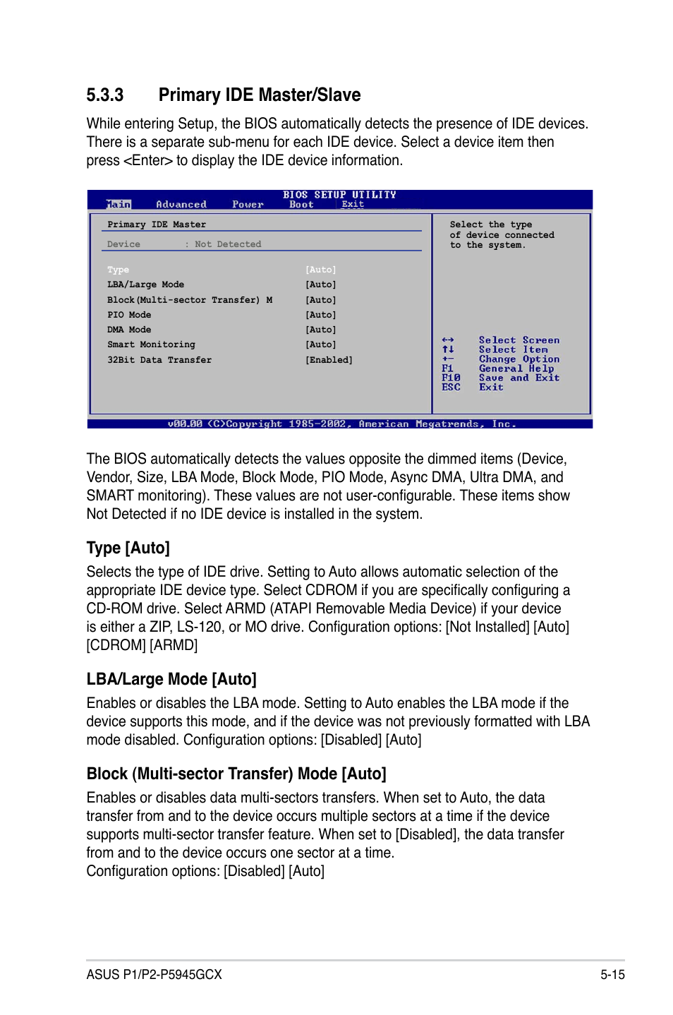 3 primary ide master/slave, Type [auto, Lba/large mode [auto | Block (multi-sector transfer) mode [auto | Asus P2-P5945GCX User Manual | Page 69 / 90