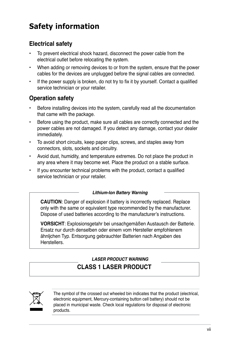 Safety information, Electrical safety, Operation safety | Class 1 laser product | Asus P2-P5945GCX User Manual | Page 7 / 90