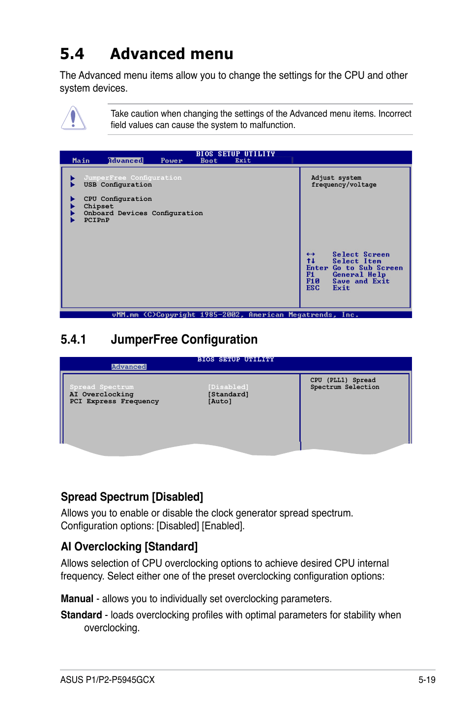 4 advanced menu, 1 jumperfree configuration, Spread spectrum [disabled | Ai overclocking [standard | Asus P2-P5945GCX User Manual | Page 73 / 90