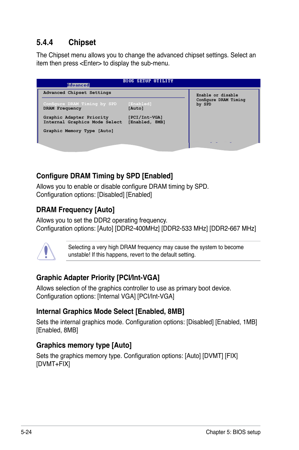 4 chipset, Graphic adapter priority [pci/int-vga, Internal graphics mode select [enabled, 8mb | Dram frequency [auto, Configure dram timing by spd [enabled | Asus P2-P5945GCX User Manual | Page 78 / 90