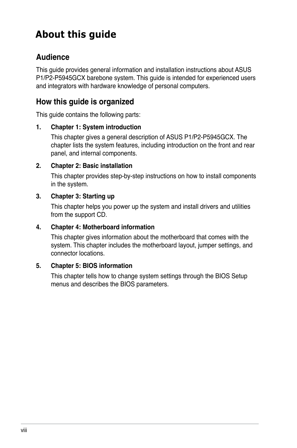 About this guide, Audience, How this guide is organized | Asus P2-P5945GCX User Manual | Page 8 / 90