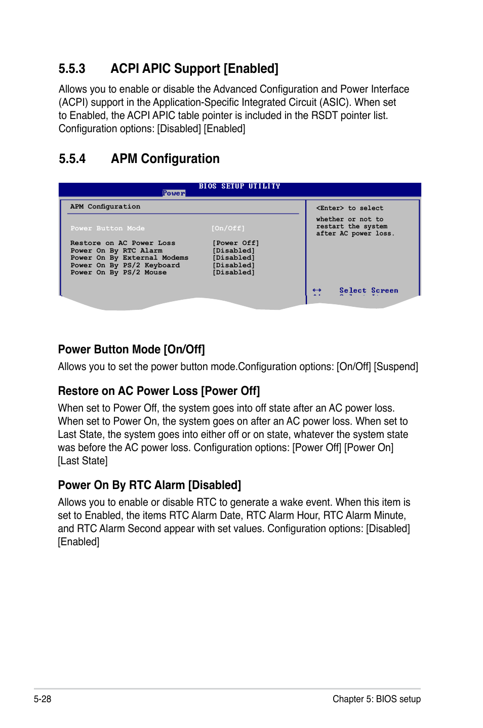 4 apm configuration, 3 acpi apic support [enabled, Power button mode [on/off | Restore on ac power loss [power off, Power on by rtc alarm [disabled | Asus P2-P5945GCX User Manual | Page 82 / 90