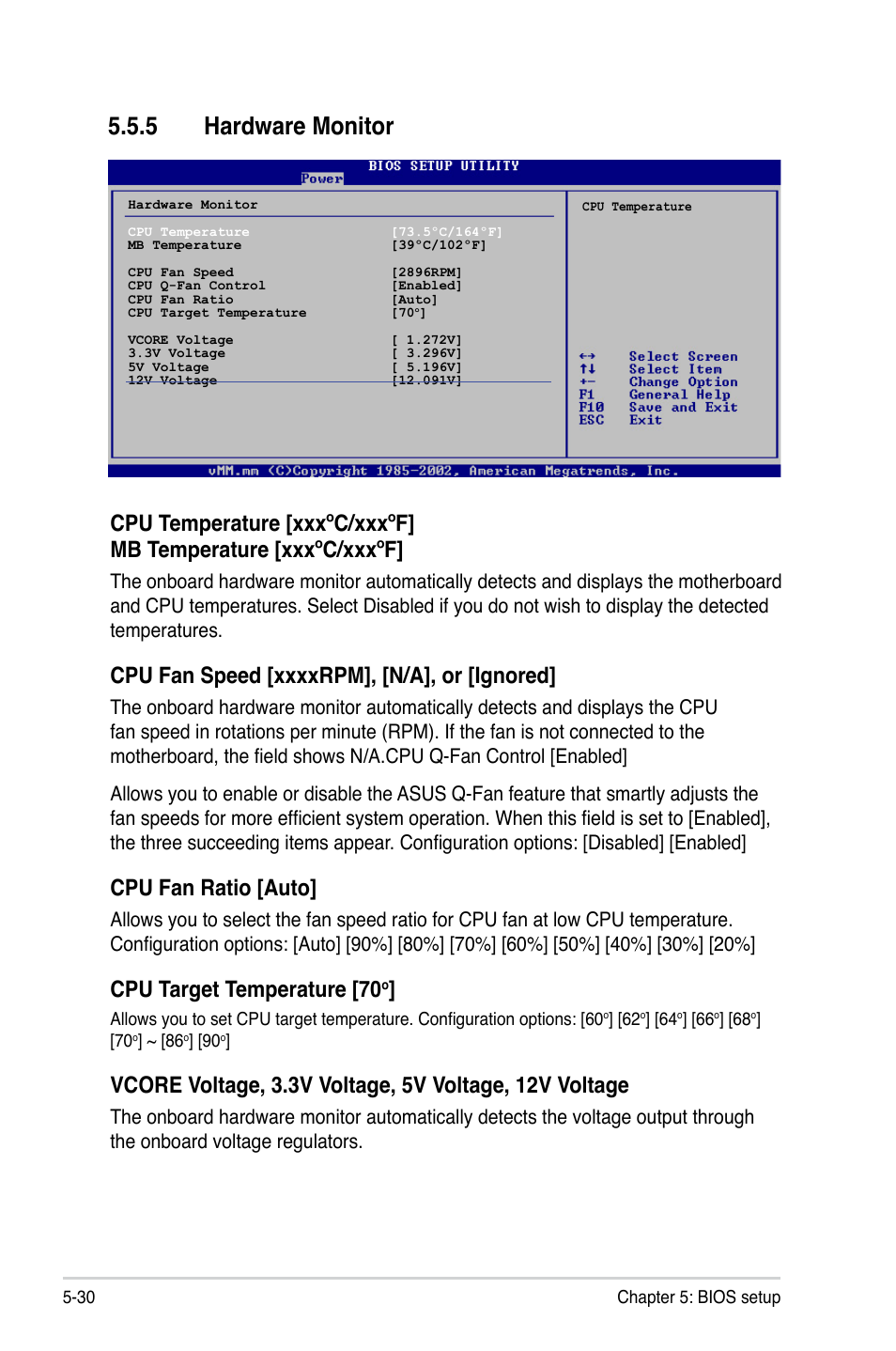 5 hardware monitor, Cpu fan ratio [auto, Cpu target temperature [70 | Asus P2-P5945GCX User Manual | Page 84 / 90