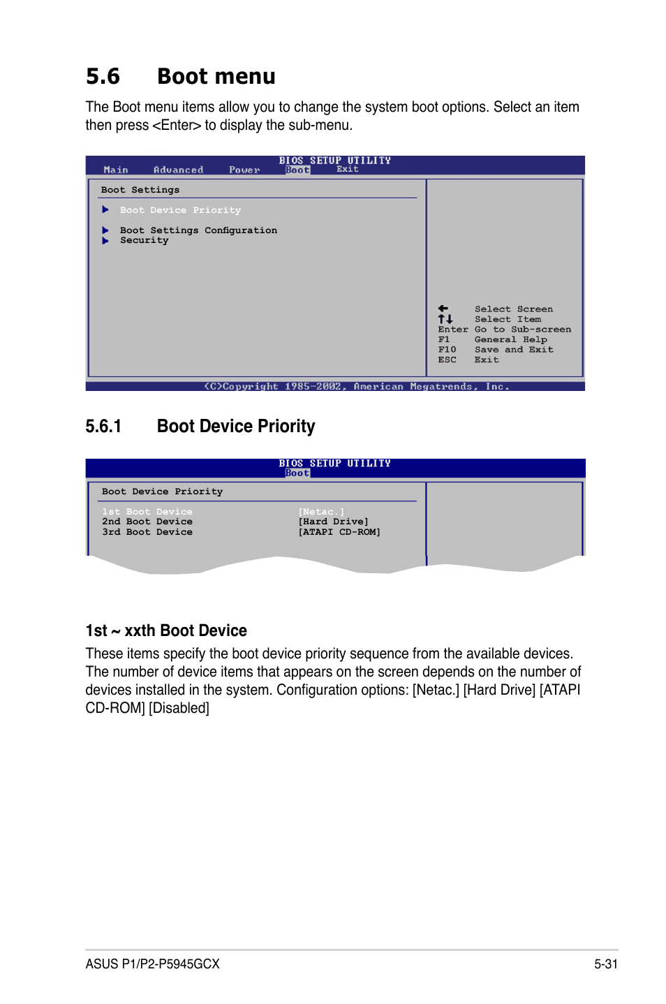 6 boot menu, 1 boot device priority, 1st ~ xxth boot device | Asus P2-P5945GCX User Manual | Page 85 / 90