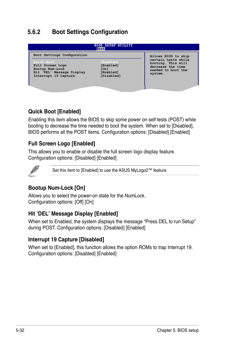 2 boot settings configuration, Quick boot [enabled, Full screen logo [enabled | Bootup num-lock [on, Hit ‘del’ message display [enabled, Interrupt 19 capture [disabled | Asus P2-P5945GCX User Manual | Page 86 / 90