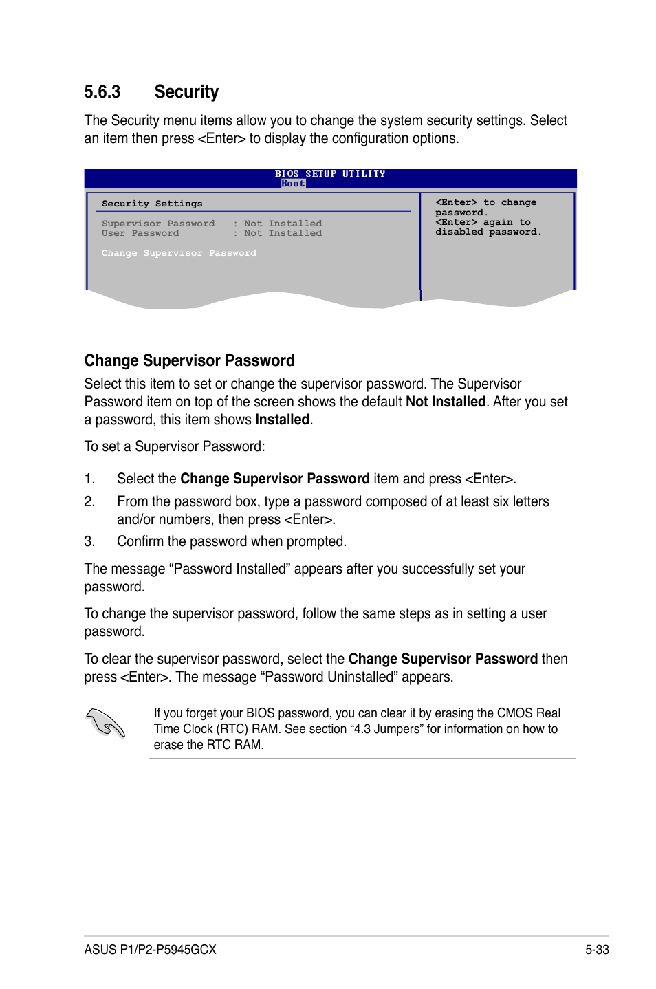 3 security, Change supervisor password | Asus P2-P5945GCX User Manual | Page 87 / 90