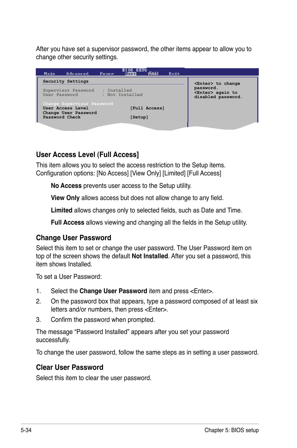 User access level (full access, Change user password, Clear user password | Asus P2-P5945GCX User Manual | Page 88 / 90