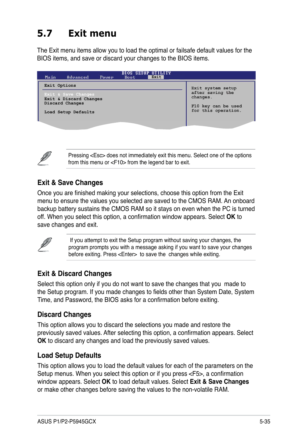 7 exit menu, Exit & discard changes, Discard changes | Load setup defaults, Exit & save changes | Asus P2-P5945GCX User Manual | Page 89 / 90