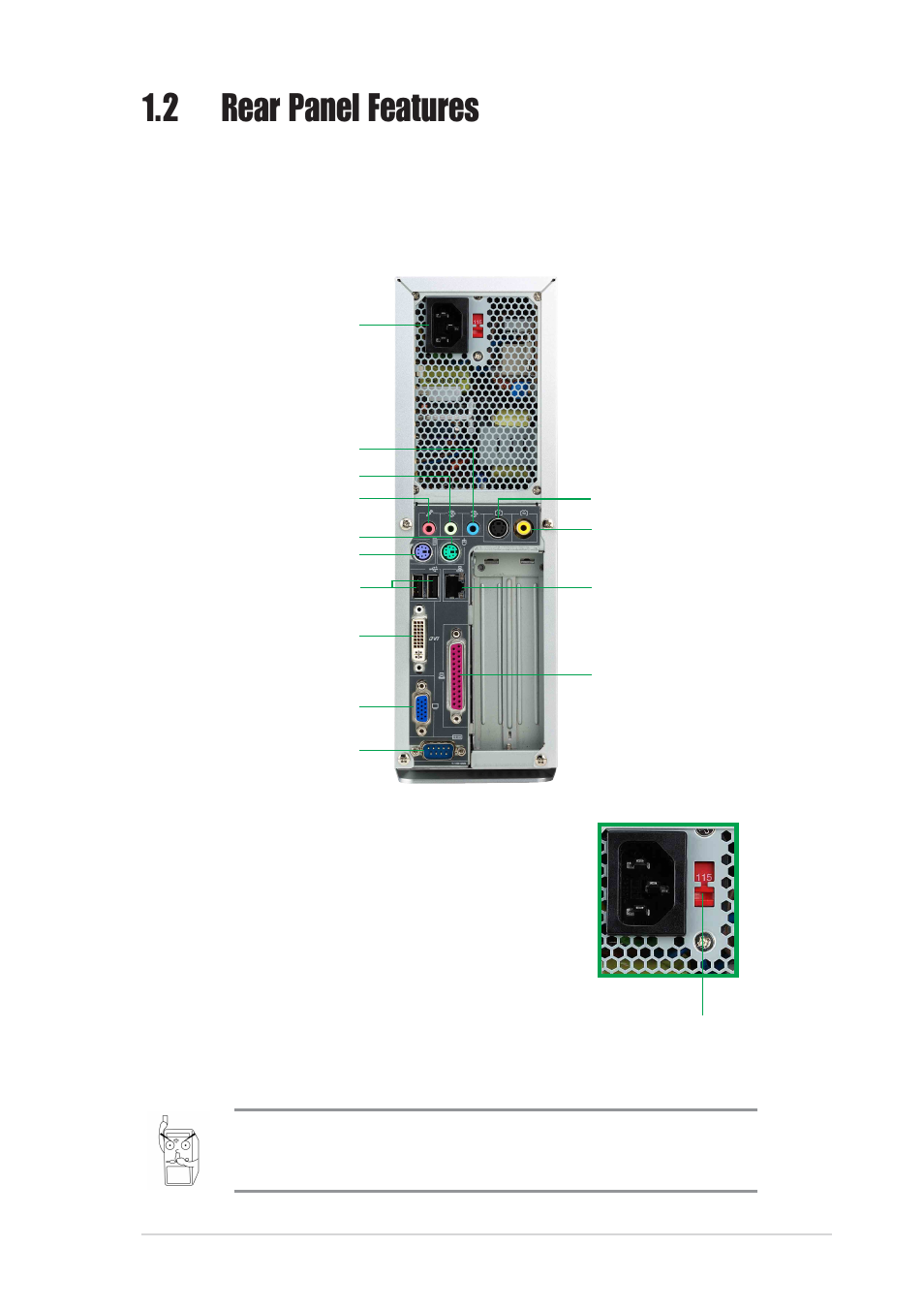 2 rear panel features, Voltage selector | Asus Pundit-S User Manual | Page 13 / 100