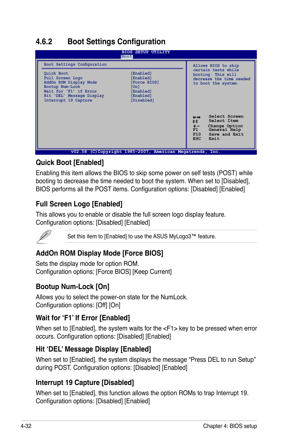 2 boot settings configuration, Quick boot [enabled, Full screen logo [enabled | Addon rom display mode [force bios, Bootup num-lock [on, Wait for ‘f1’ if error [enabled, Hit ‘del’ message display [enabled, Interrupt 19 capture [disabled | Asus P5K3 Deluxe User Manual | Page 100 / 176