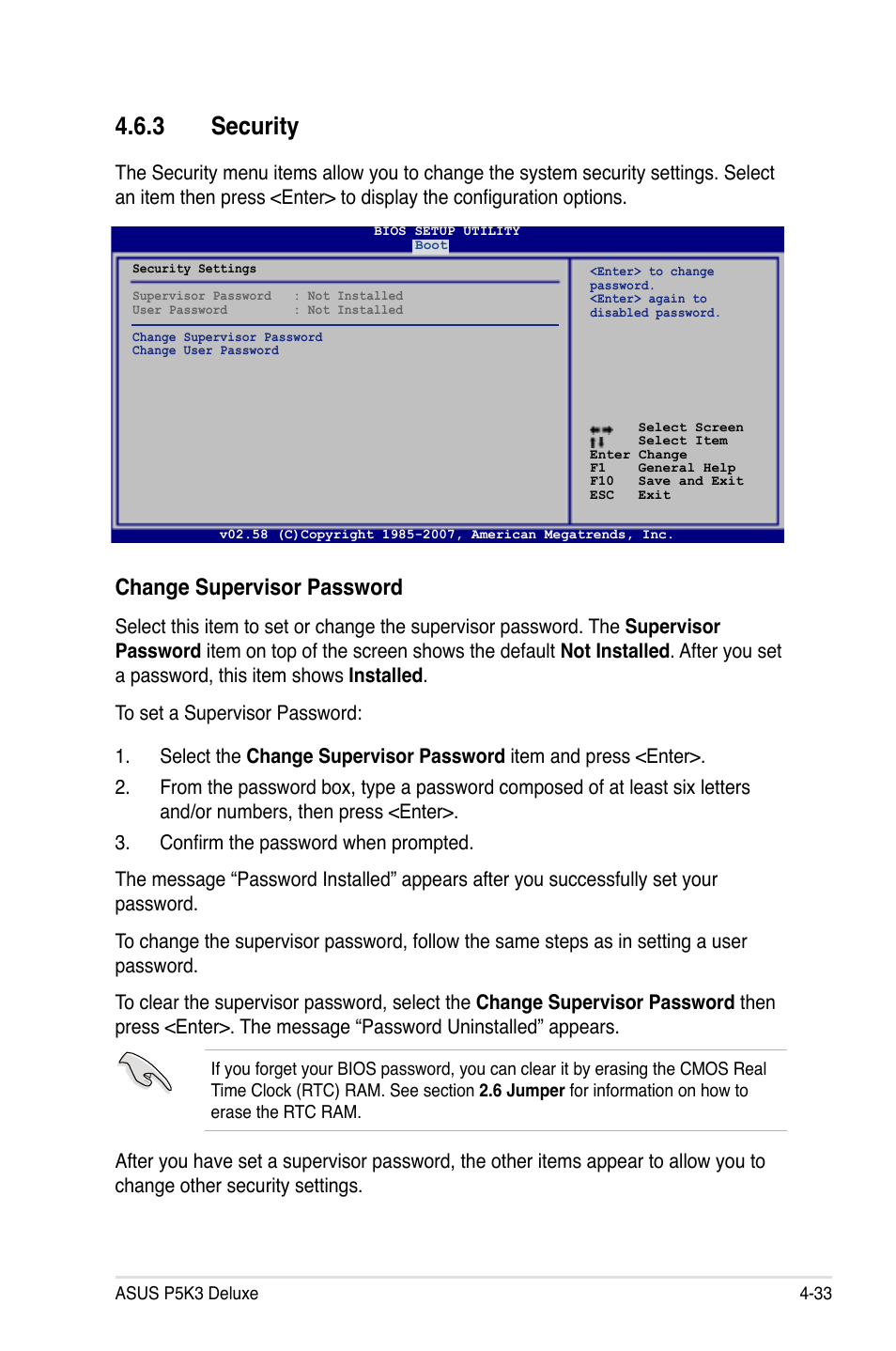 3 security, Change supervisor password | Asus P5K3 Deluxe User Manual | Page 101 / 176