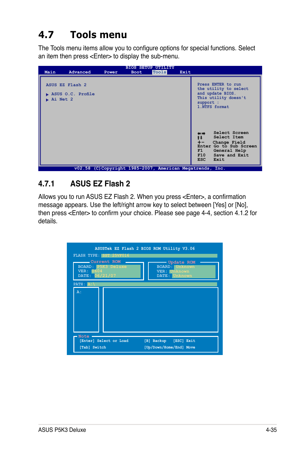 7 tools menu, 1 asus ez flash 2 | Asus P5K3 Deluxe User Manual | Page 103 / 176