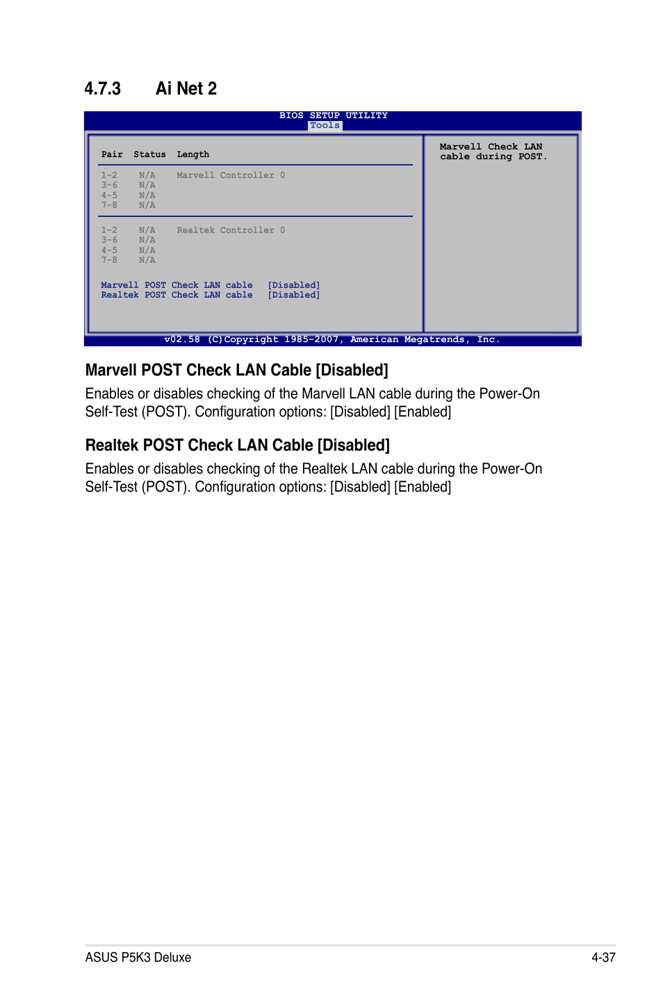 3 ai net 2, Marvell post check lan cable [disabled, Realtek post check lan cable [disabled | Asus P5K3 Deluxe User Manual | Page 105 / 176