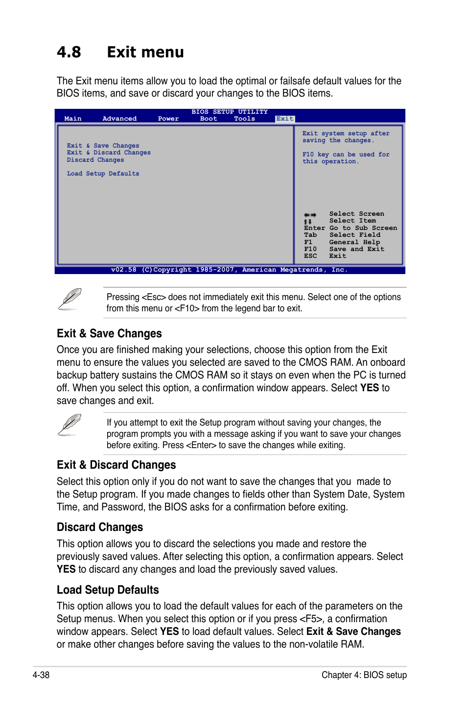 8 exit menu, Exit & save changes, Exit & discard changes | Discard changes, Load setup defaults | Asus P5K3 Deluxe User Manual | Page 106 / 176