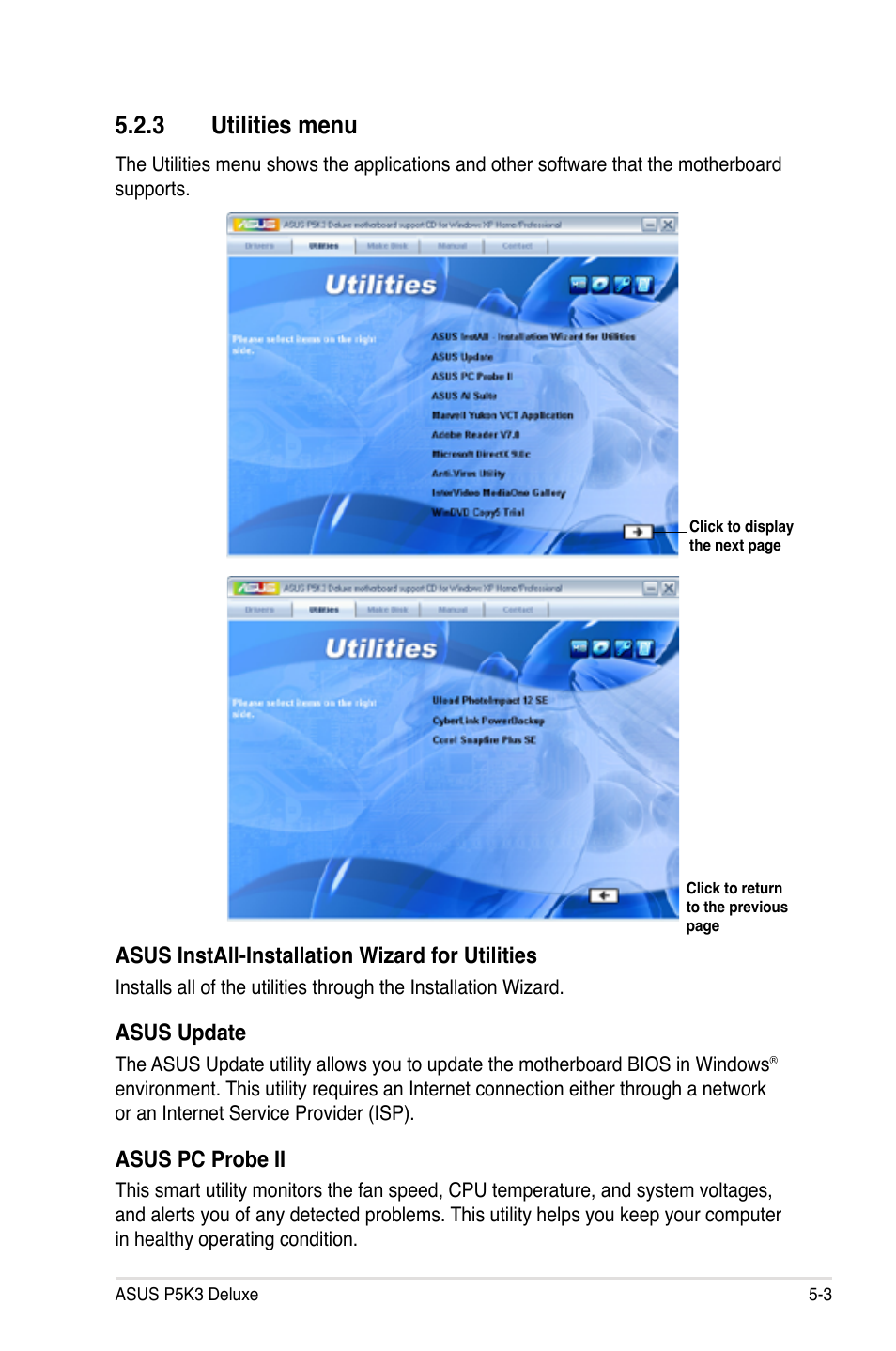 3 utilities menu, Asus install-installation wizard for utilities, Asus update | Asus pc probe ii | Asus P5K3 Deluxe User Manual | Page 111 / 176