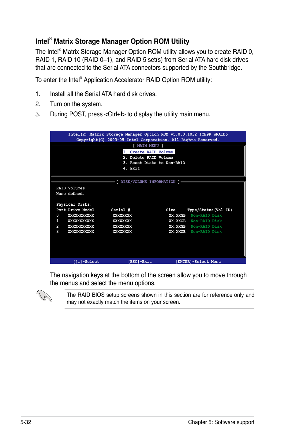 Intel, Matrix storage manager option rom utility, The intel | Asus P5K3 Deluxe User Manual | Page 140 / 176