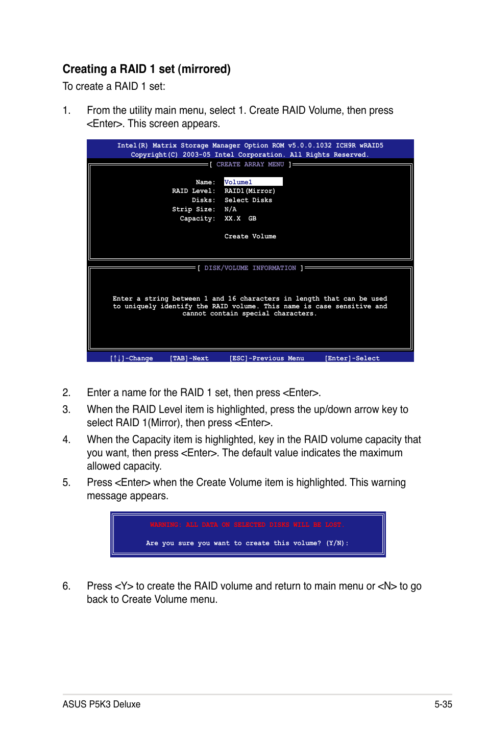 Creating a raid 1 set (mirrored) | Asus P5K3 Deluxe User Manual | Page 143 / 176