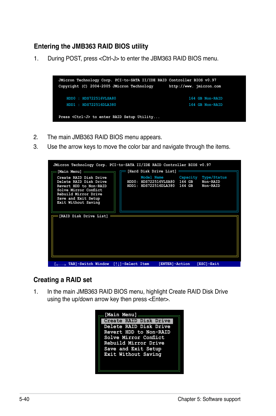 Entering the jmb363 raid bios utility, Creating a raid set | Asus P5K3 Deluxe User Manual | Page 148 / 176