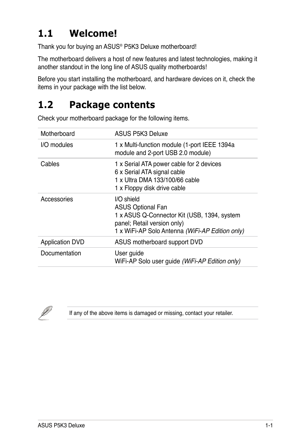 1 welcome, 2 package contents | Asus P5K3 Deluxe User Manual | Page 17 / 176