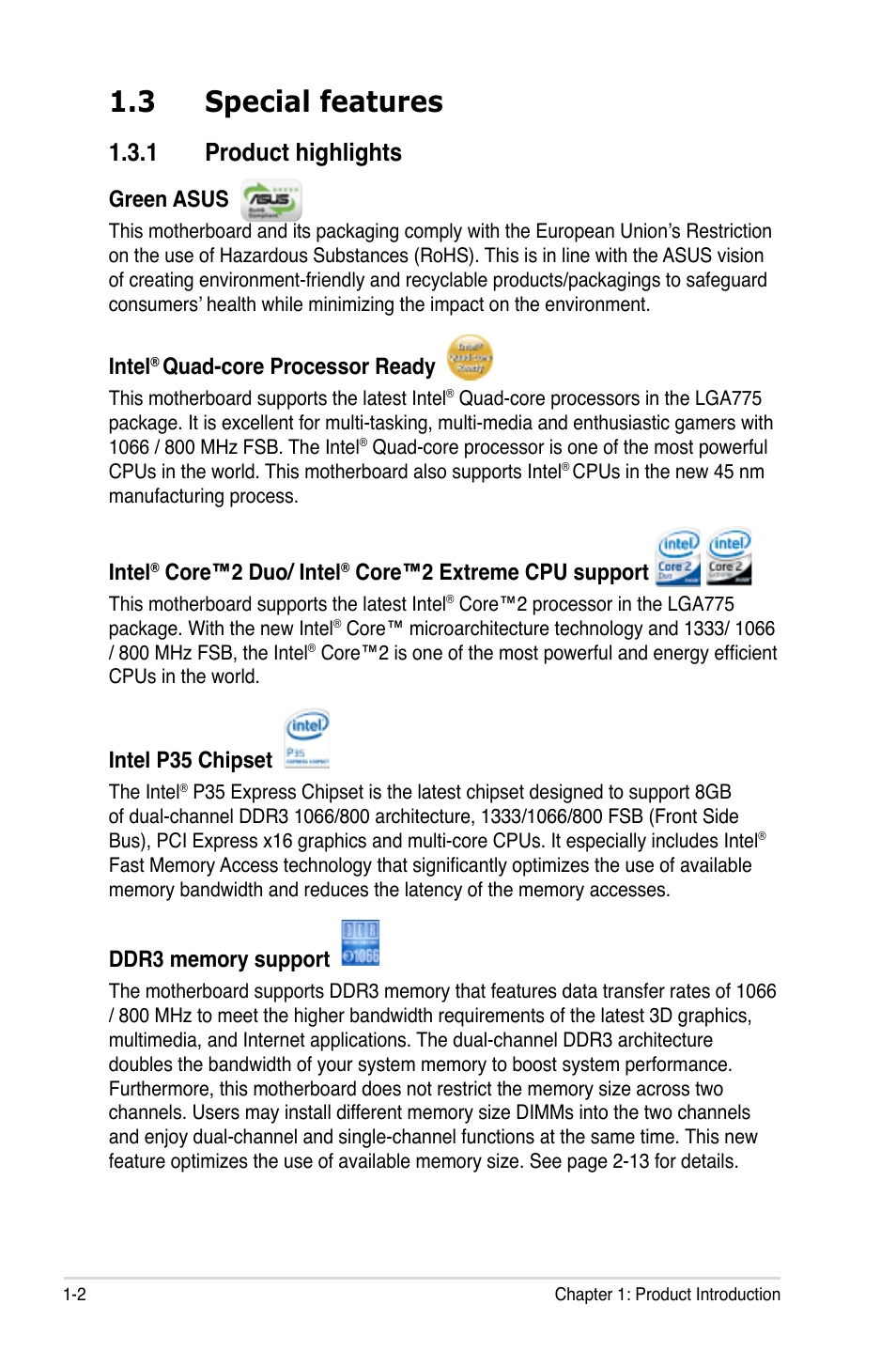 3 special features, 1 product highlights, Green asus | Intel, Quad-core processor ready, Core™2 duo/ intel, Core™2 extreme cpu support, Intel p35 chipset | Asus P5K3 Deluxe User Manual | Page 18 / 176