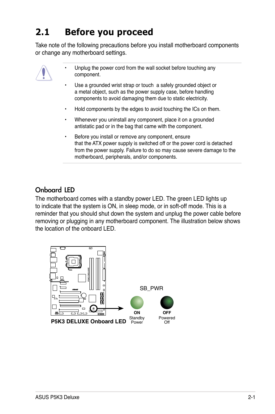 1 before you proceed, Onboard led | Asus P5K3 Deluxe User Manual | Page 27 / 176