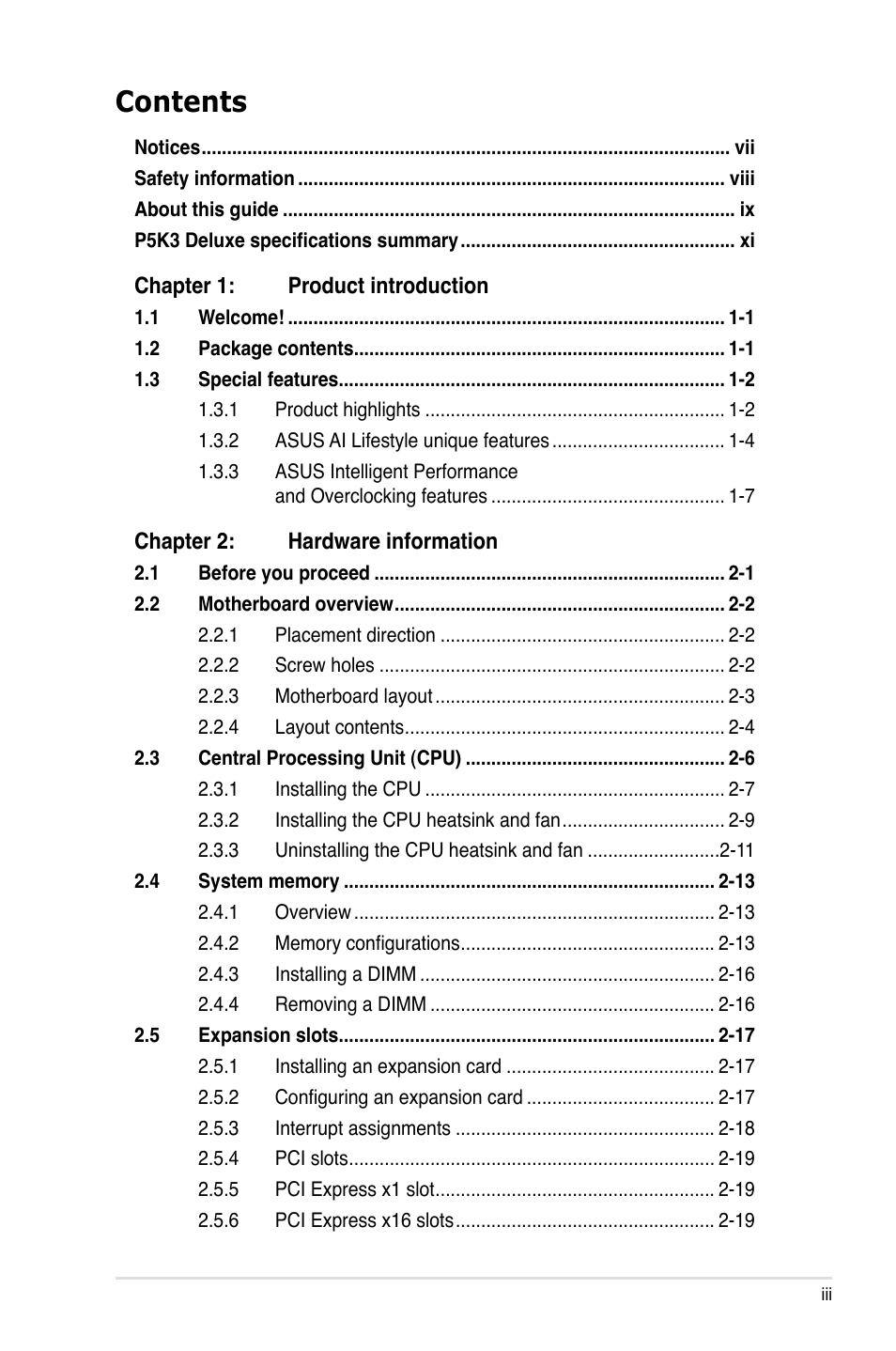 Asus P5K3 Deluxe User Manual | Page 3 / 176