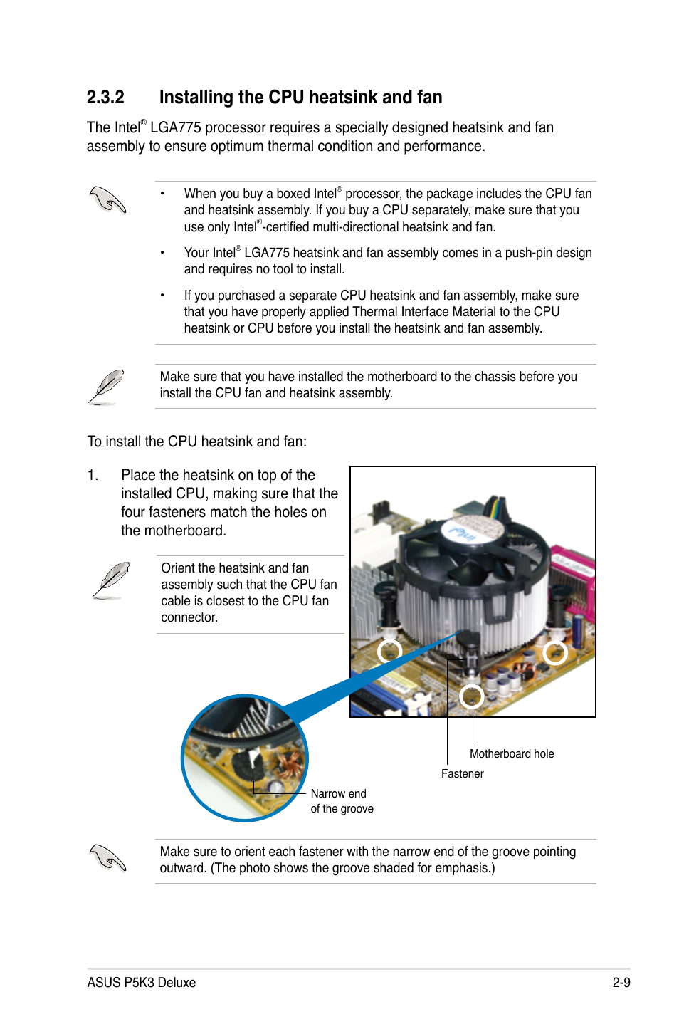 2 installing the cpu heatsink and fan | Asus P5K3 Deluxe User Manual | Page 35 / 176