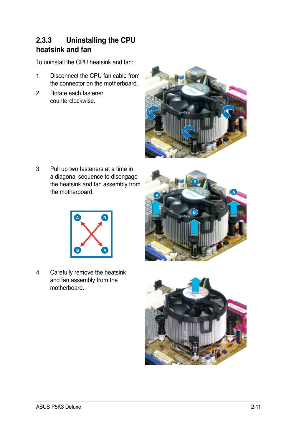 3 uninstalling the cpu heatsink and fan | Asus P5K3 Deluxe User Manual | Page 37 / 176