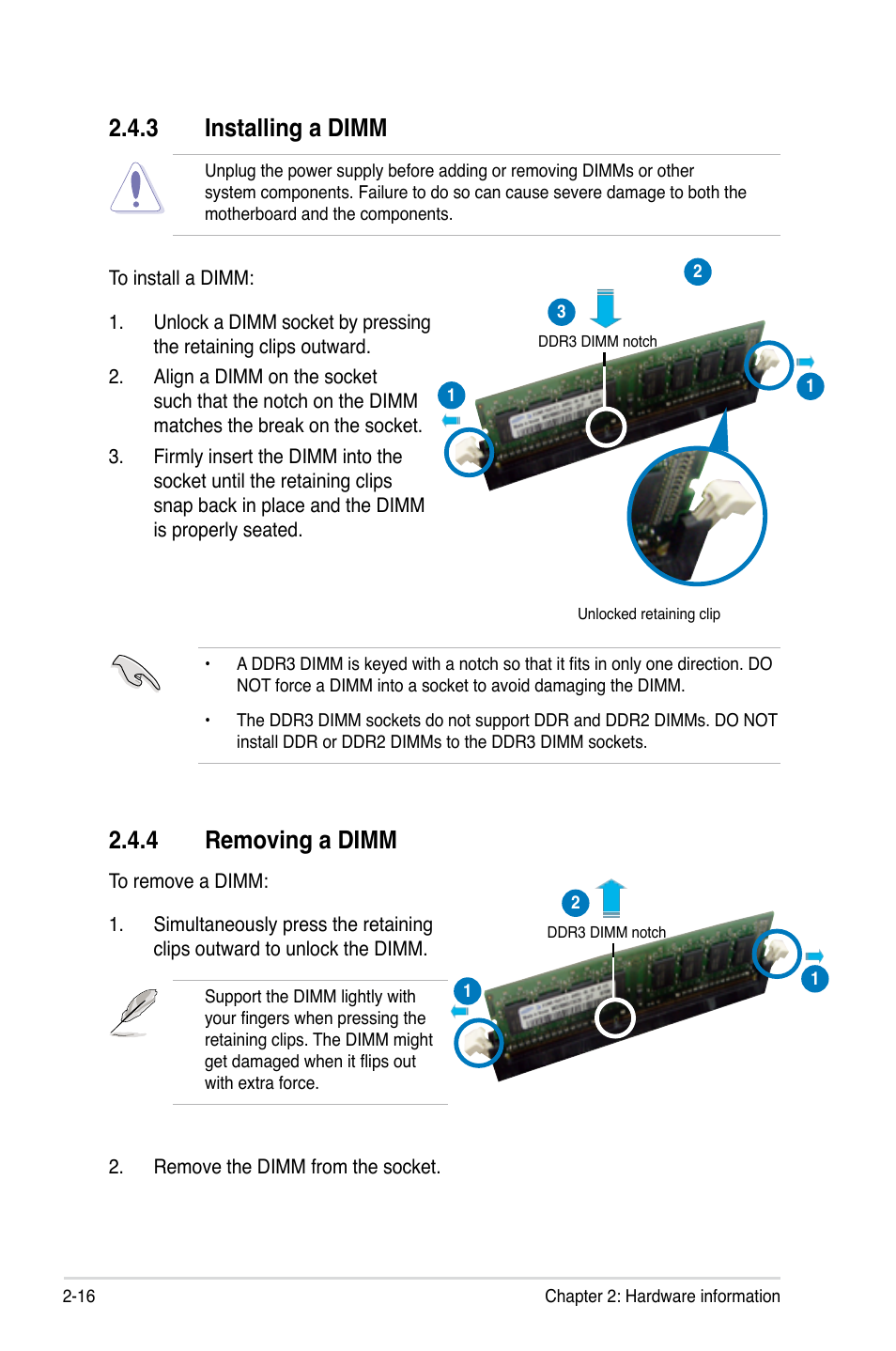 3 installing a dimm, 4 removing a dimm | Asus P5K3 Deluxe User Manual | Page 42 / 176