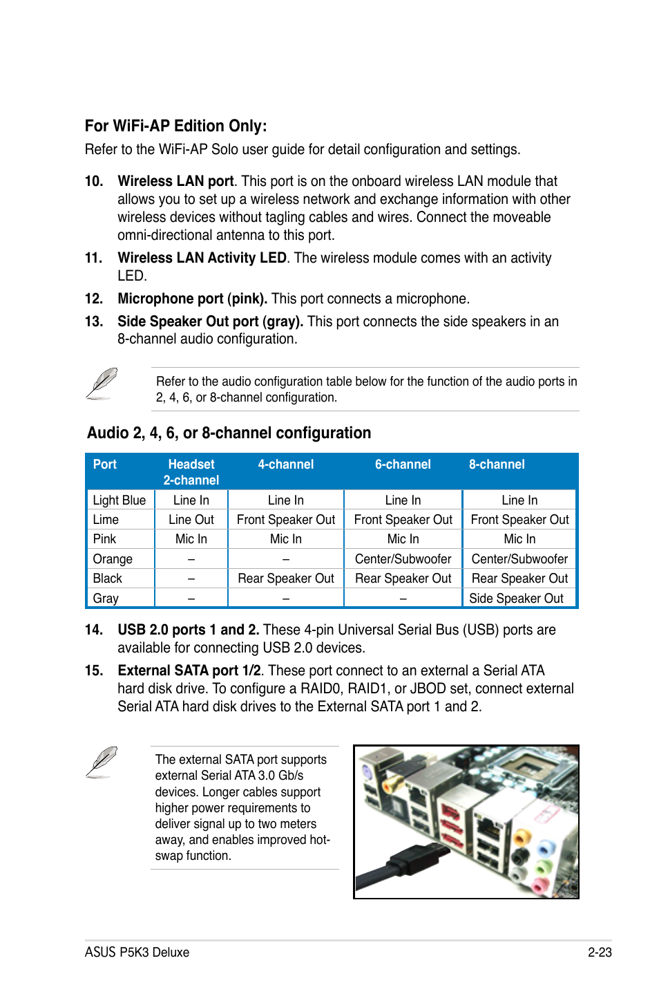 For wifi-ap edition only, Audio 2, 4, 6, or 8-channel configuration | Asus P5K3 Deluxe User Manual | Page 49 / 176